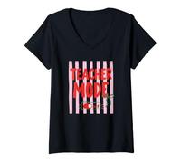 Women's Teacher Mode Off Pink Stripes Summer Break Bow V-Neck T-Shirt