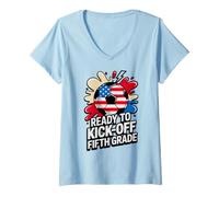 Women's Teacher Ready KICK Off Fifth Grade Soccer Game On First Day V-Neck T-Shirt
