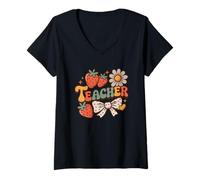 Womens Teacher Strawberry Floral Appreciation Bow Heart V-Neck T-Shirt