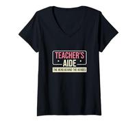 Womens Teacher's Aide The Hero Behind The Heroes Funny Paraeducator V-Neck T-Shirt