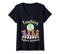 Women's Teaching Future Leaders Bear Students Teacher Back to School V-Neck T-Shirt