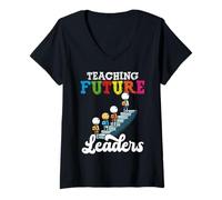 Womens Teaching Future Leaders Colorful Teacher V-Neck T-Shirt