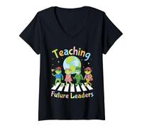 Women's Teaching Future Leaders Frog Students Teacher Back to School V-Neck T-Shirt