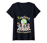 Women's Teaching Future Leaders Goose Students Teacher Back School V-Neck T-Shirt