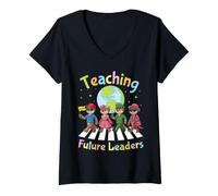 Women's Teaching Future Leaders Otter Students Teacher Back School V-Neck T-Shirt