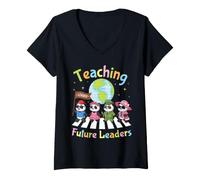 Women's Teaching Future Leaders Panda Students Teacher Back School V-Neck T-Shirt