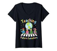 Women's Teaching Future Leaders Parrot Students Teacher Back School V-Neck T-Shirt