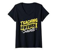 Womens Teaching Future Saints Catholic School Teacher Faithful V-Neck T-Shirt