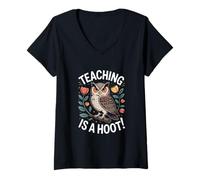 Womens Teaching is A Hoot Owl Retro Vintage V-Neck T-Shirt