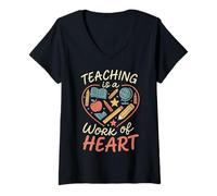 Womens Teaching Is A Work Of Heart Retro Teacher Back To School Top V-Neck T-Shirt
