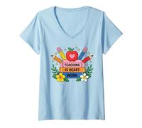 Women's Teaching is Heart Work Educator Appreciation Design V-Neck T-Shirt