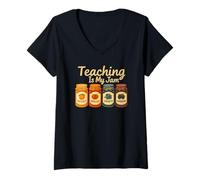 Womens Teaching is My Jam Cute Fruit Jar Teacher Vintage V-Neck T-Shirt