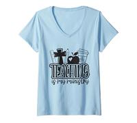 Womens Teaching is My Ministry Flower Jesus Christian Teacher V-Neck T-Shirt