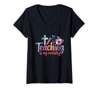 Womens Teaching is My Ministry Flower Jesus Christian Teacher V-Neck T-Shirt