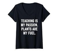 Womens Teaching is My Passion Plants are My Fuel Fun Vegan Teacher V-Neck T-Shirt