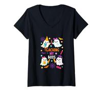 Womens Teaching My Boos Group Boo Ghost As Teachers Halloween V-Neck T-Shirt