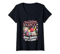 Women's Teaching the ABCs One Smile at a Time Preschool Teacher V-Neck T-Shirt