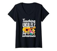 Women's Teaching Ukulele is My Superpower Music Teacher Player V-Neck T-Shirt