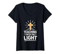 Womens Teaching with The Light Christian Faith for Teachers V-Neck T-Shirt