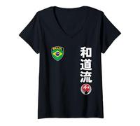 Womens Team Karate Wado Ryu Brazil Flag Kanji Japanese Martial Arts V-Neck T-Shirt