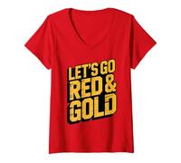 Women's Team Let's GO RED & Gold Vibes Only Summer Camp War Game Day V-Neck T-Shirt