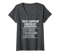 Women's Technical Support Checklist Funny IT Computer Graphic V-Neck T-Shirt, Dark Heather Grey, Large