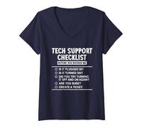Women's Technical Support Checklist Funny IT Computer Graphic V-Neck T-Shirt, Navy Blue, Small