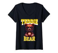 Womens Teddie Bear Creepy Scary Horror Teddy Bear Theme V-Neck T-Shirt