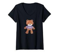 Women's Teddy Bear in Purple Striped Shirt Art V-Neck T-Shirt