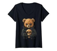 Women's Teddy Bear Skull Gothic Women Men Goth Skull Teddy Bear V-Neck T-Shirt