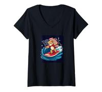 Womens Teddy Bear Surfs with American Spirit and Style Outfit V-Neck T-Shirt