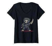 Women's Teddy Bear with Scythe for a Haunting Touch V-Neck T-Shirt