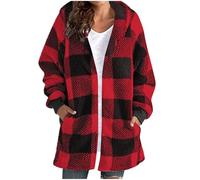 Womens Teddy Fleece Coats Open Front Hooded Jackets with Pockets Long Sleeve Plaid Print Longline Jackets Cardigans Casual Trendy Winter Warm Hoodie Sweatshirt, Red, XXL