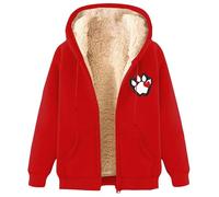 Women's Teddy Fleece Hoodie Autumn Plush Lined Coats Full Zip Basic Dog Paw Printed Sweatshirts Full Zipper Soft Vintage Ladies Cardigan(Red, M)