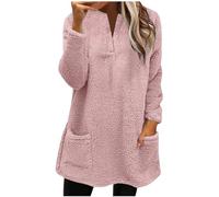 Womens Teddy Fleece Hoodie Plus Size Shaggy Casual Hooded Sweatshirts Solid V Neck Fleece Tunic Tops Soft Warm Fleece Hooded Blouse Tops With Hood Loose Thermal Pullover Tops Loungewear Pink M