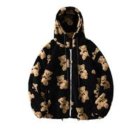 Womens Teddy Fleece Jackets Bear Print Fluffy Fuzzy Hoodie Full Zip Long Sleeve Coat Sherpa Fleece Hoodie Blanket Soft Hooded Sweatshirt Winter Warm Outwear Comfortable Daily Pullover Black