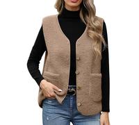 Women's Teddy Gilet Sleeveless Sherpa Fleece Jacket Solid V Neck Button Down Fuzzy Vest Fluffy Autumn Teddy Bear Coat Cropped Vest Jacket Cute Plush Warm Gilets with Pockets