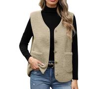 Women's Teddy Gilet Sleeveless Sherpa Fleece Jacket Solid V Neck Button Down Fuzzy Vest Fluffy Autumn Teddy Bear Coat Cropped Vest Jacket Cute Plush Warm Gilets with Pockets
