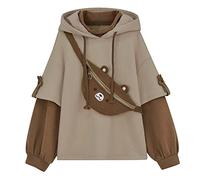 Women's Teen Girls Cute Brown Bear Hoodie Korean Kawaii Long Sleeve Pullover Jumper Streetwear Harajuku Cartoon Tops Fashion Hoodies Patchwork Hooded Sweatshirt Brown S