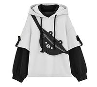 Women's Teen Girls Cute Brown Bear Hoodie Korean Kawaii Long Sleeve Pullover Jumper Streetwear Harajuku Cartoon Tops Fashion Hoodies Patchwork Hooded Sweatshirt Black XXL