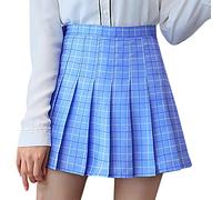 Women's Teen Girls Plaid/Solid Pleated Miniskirt High Waist A-Line Side Zippered Mini Skirt Slim Fit School Uniform Skirts for Skating, Tennis, Golf, Badminton Sky Blue