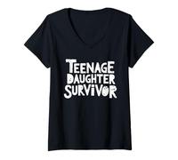 Womens Teenage Daughter Survivor Distressed Funny Parent Humor V-Neck T-Shirt