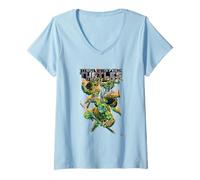 Womens Teenage Mutant Ninja Turtles Colorful Attack Poses Comic V-Neck T-Shirt
