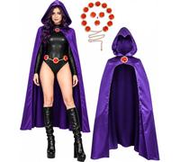 Women's TeenTitans-Raven Cosplay Costume Jumpsuit Purple Cloak with Belt Halloween Costume Uniform for Girls
