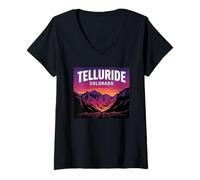 Women's Telluride Colorado Retro Mountain Sunset V-Neck T-Shirt