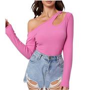 Women's temperamental off-the-shoulder long sleeve irregular knitted t-shirt with slim fit design top with bottom layer mesh top, Hot Pink, S