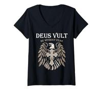 Women's Templar Knights Cross Eagle Deus Vult God Wills it Fearless V-Neck T-Shirt