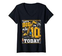 Women's Ten 10th Birthday Excavator Construction 10 Year Old Boys V-Neck T-Shirt
