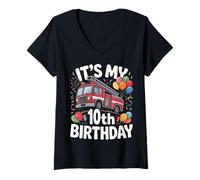 Women's Ten 10yr 10th Birthday Fire Truck Party 10 Year Old Boys V-Neck T-Shirt