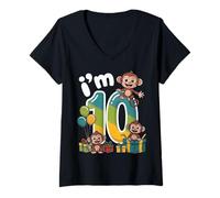 Women's Ten 10yr 10th Birthday Monkey Party Jungle 10 Year Old Boys V-Neck T-Shirt